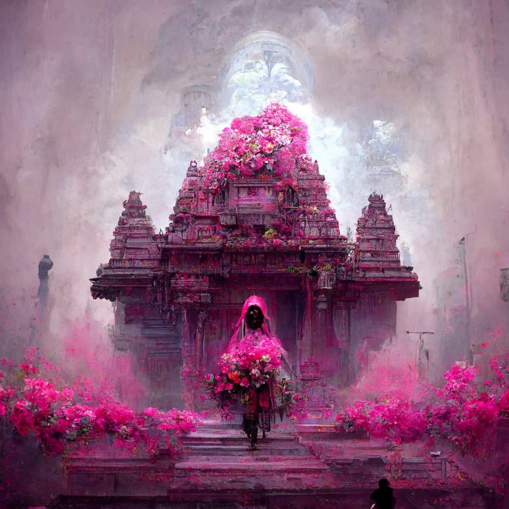 A digital painting depicting a hooded figure carrying a large bouquet of pink flowers while walking down the steps of an ornate, flower-covered temple in a misty, surreal landscape. The scene is dominated by vibrant pink and magenta hues against a hazy, pale background.