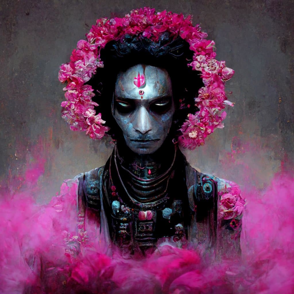 A digital painting of a figure with pale, textured skin and glowing white eyes, wearing a large crown of pink flowers and ornate necklaces. The figure is surrounded by swirling pink smoke against a muted, earthy background.