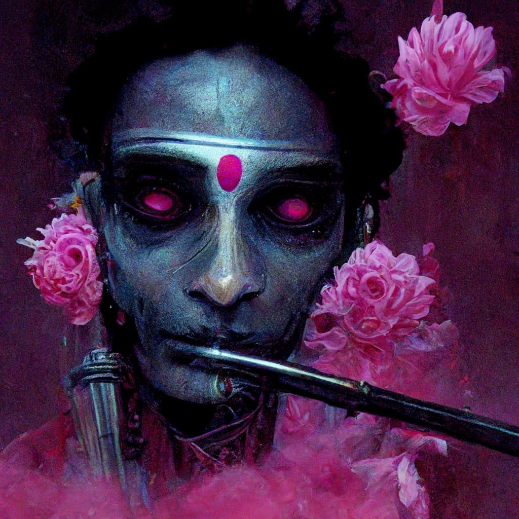 A stylized digital portrait of a figure with pale blue skin, glowing red eyes, and a red bindi on the forehead, holding a pipe in their mouth. The figure is surrounded by pink roses and pink smoke against a dark background.