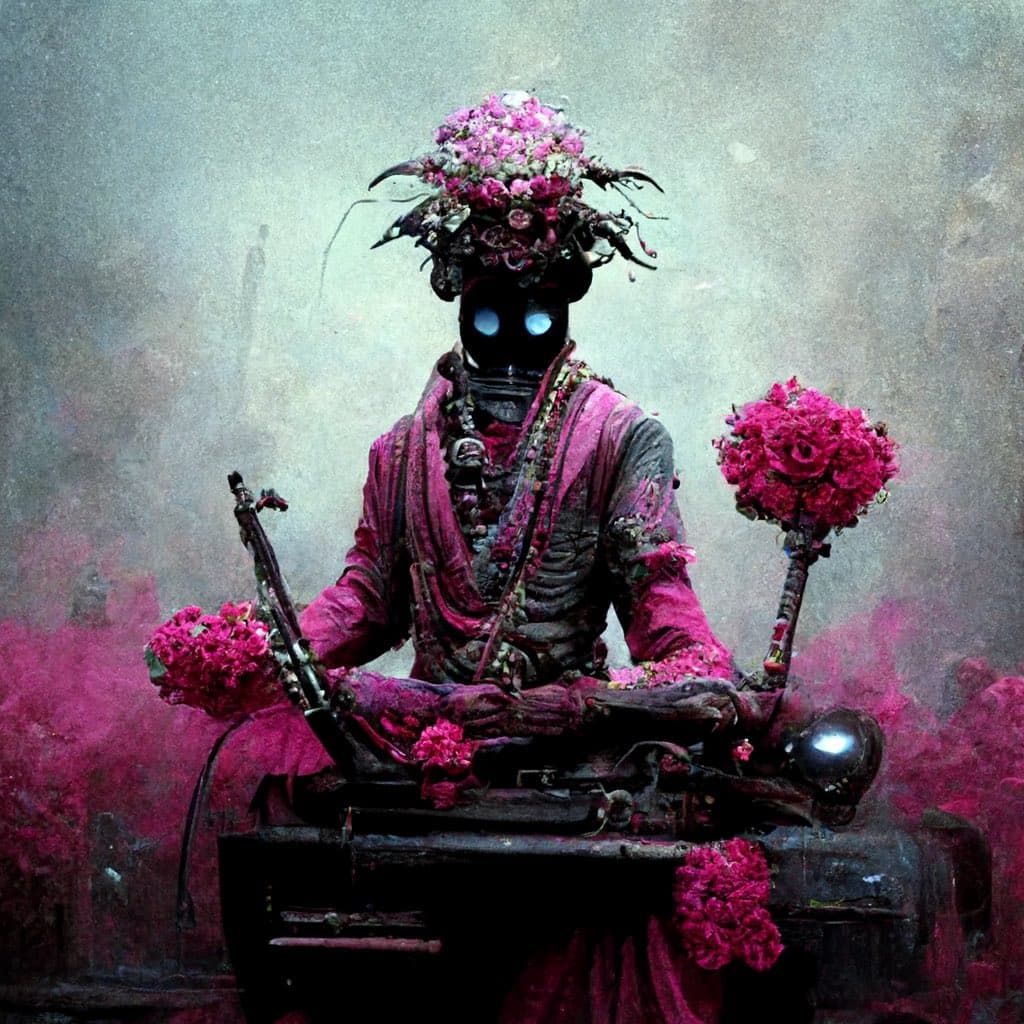 A surreal digital artwork depicting a dark, humanoid figure with glowing blue eyes, adorned with a headdress of pink flowers and wearing tattered pink robes. The figure sits at a table holding a rifle and a bouquet of pink roses, surrounded by pink powder and a skull.