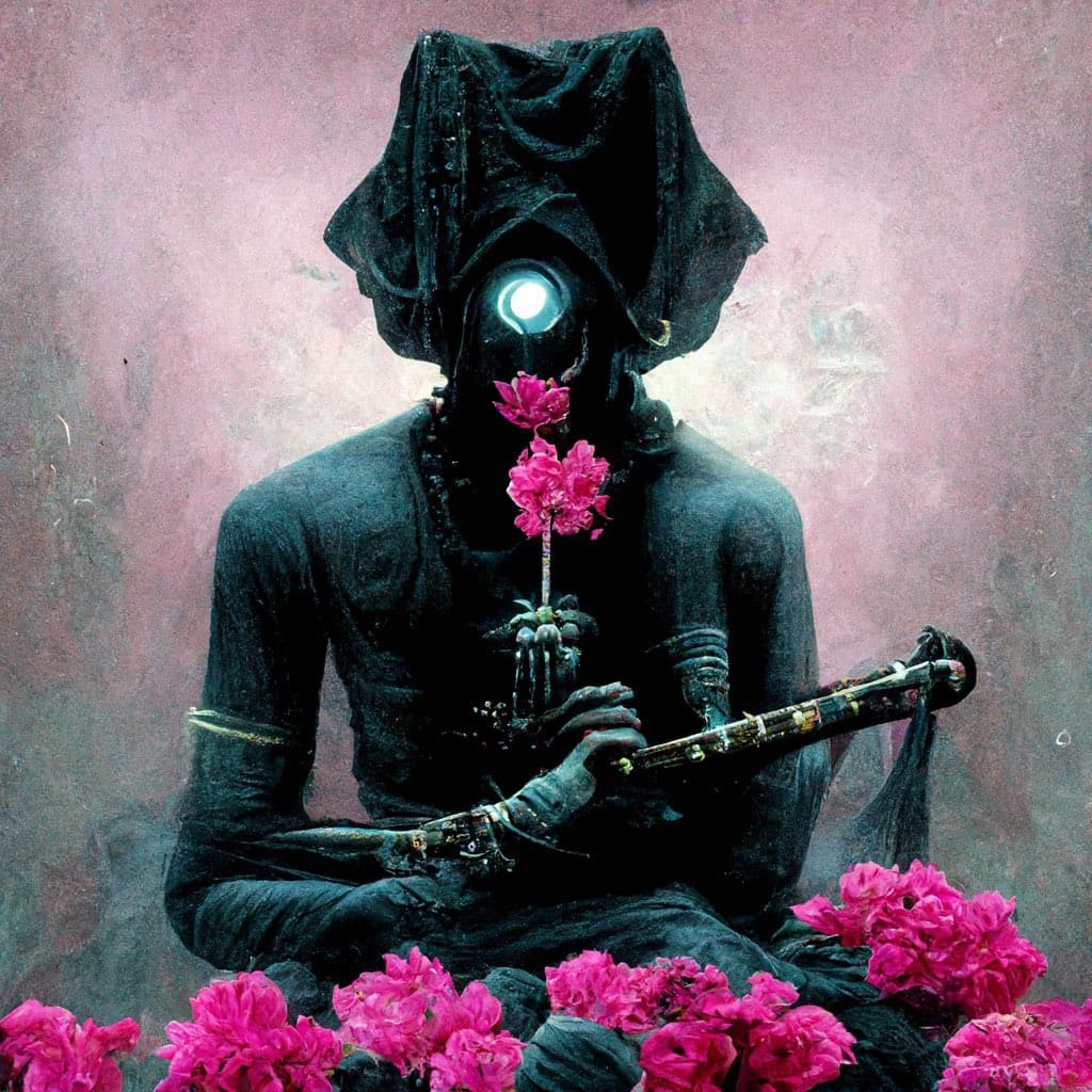 A digital artwork depicting a dark, hooded figure with a glowing white eye, holding a pink flower and a flute, surrounded by vibrant pink flowers against a textured pink background.