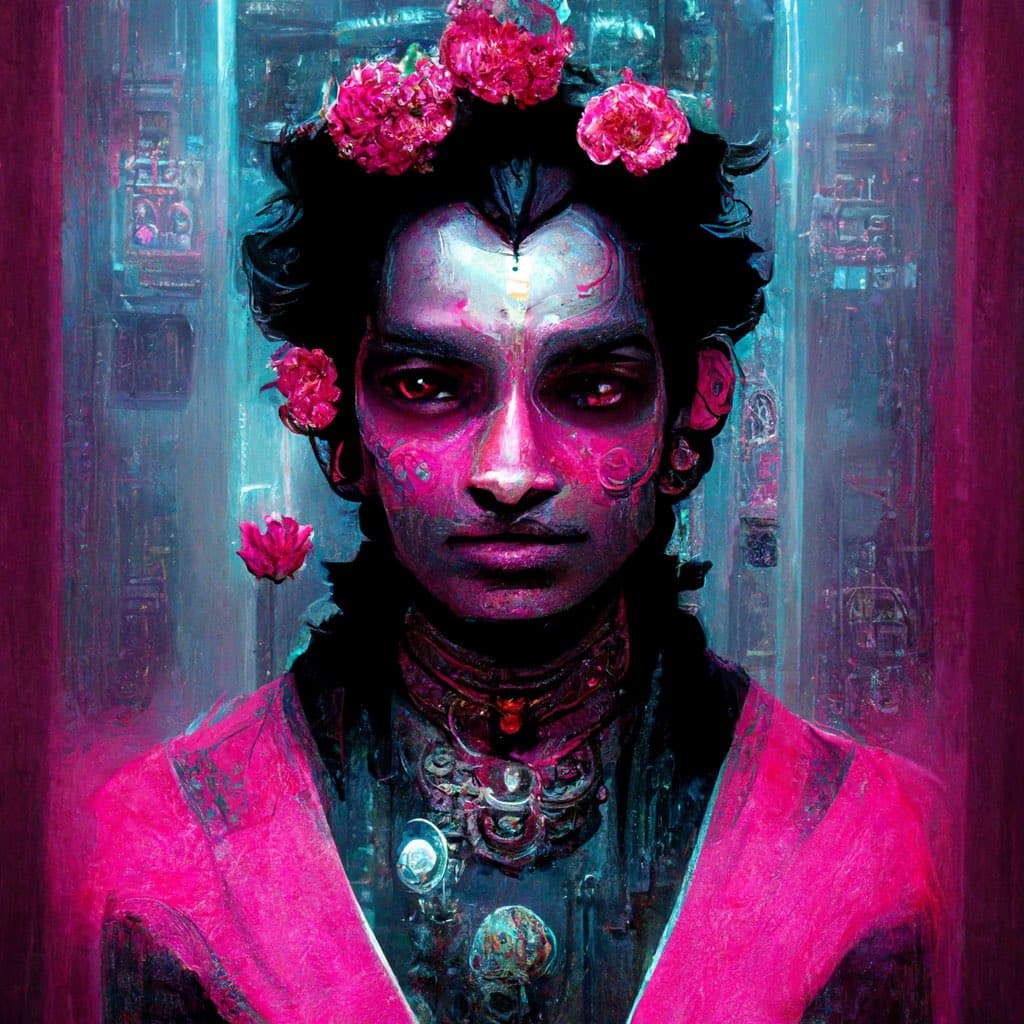 A digital painting of a person with dark hair, pink facial markings, and red eyes, wearing a pink garment and ornate necklaces. The person has pink flowers in their hair and is set against a textured, teal and pink background.