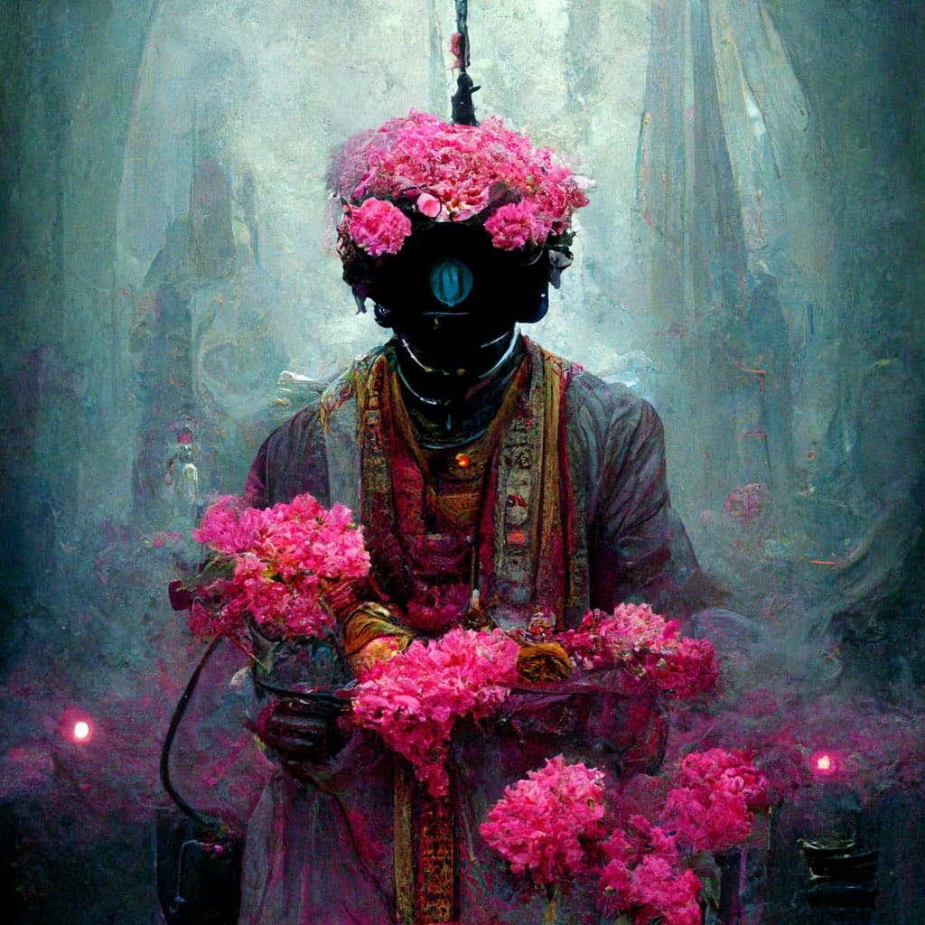 A surreal digital painting depicts a dark, humanoid figure with a single glowing blue eye, wearing a crown of pink flowers and holding a bouquet. The figure is dressed in ornate, patterned robes against a misty, blue-green background with faint pink lights at the bottom.