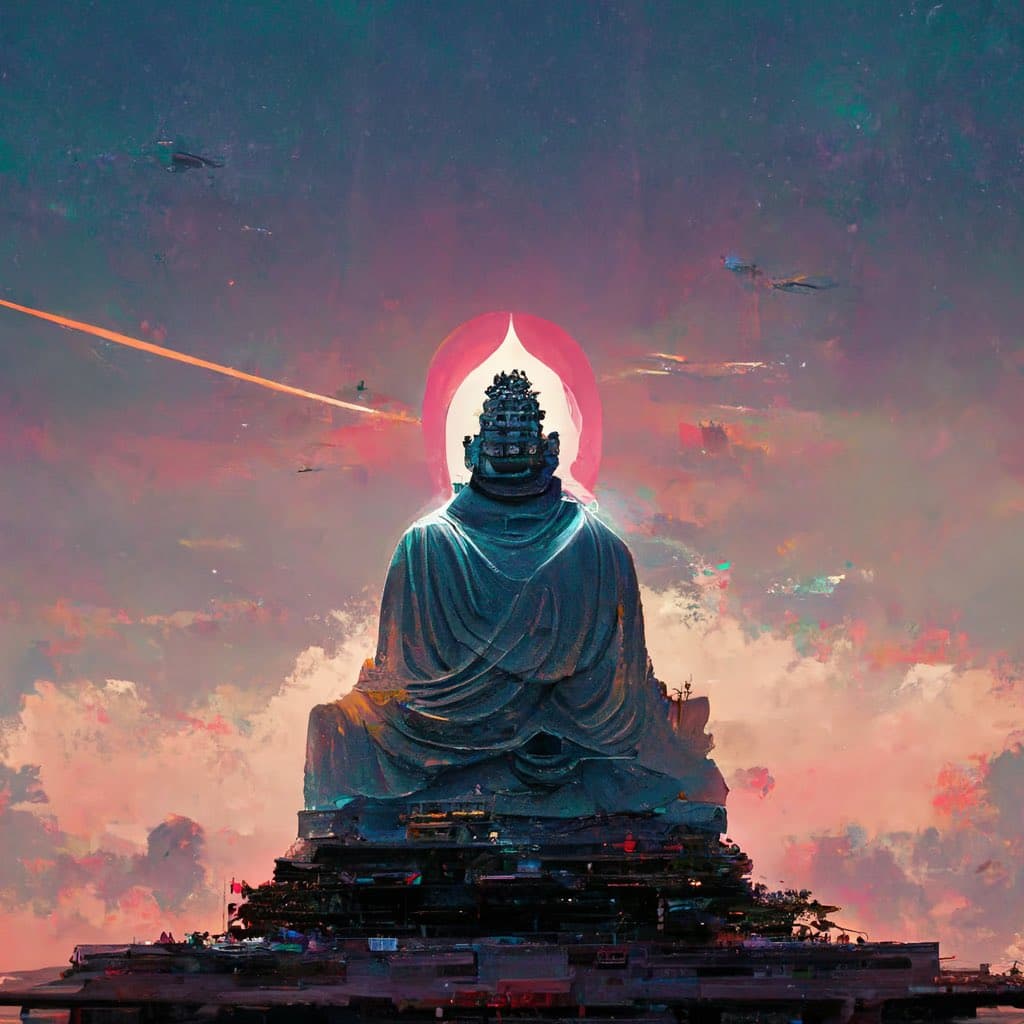 A digital painting depicts a massive, seated statue resembling a Buddha figure, draped in flowing robes and crowned with a halo, set against a dramatic, colorful sky. The statue sits atop a complex, industrial-looking base with small structures and lights, suggesting a futuristic or sci-fi setting. The scene is rendered in a painterly style with vibrant pinks, purples, and blues.