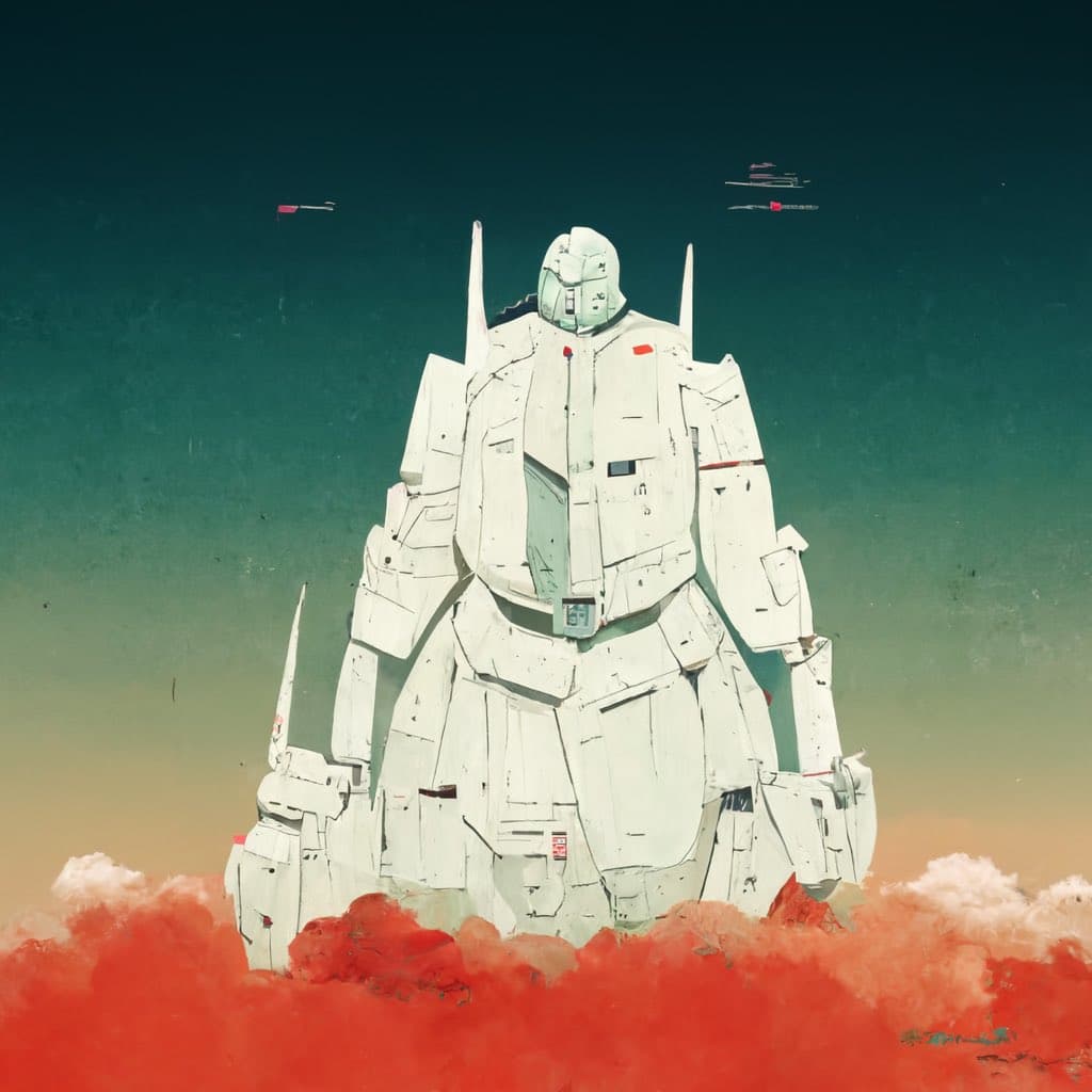 A digital illustration of a large, white humanoid mecha standing in a field of red clouds or smoke against a gradient sky. The robot has a blocky, angular design with visible armor plating and small red accents.