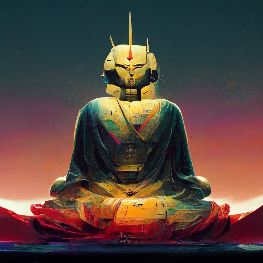 A digital painting depicts a humanoid robot with a white and gold head and red accents, sitting in a meditative lotus position on a red cloth. The figure is draped in a dark, flowing robe against a gradient background that transitions from dark blue at the top to a warm orange and red at the horizon.
