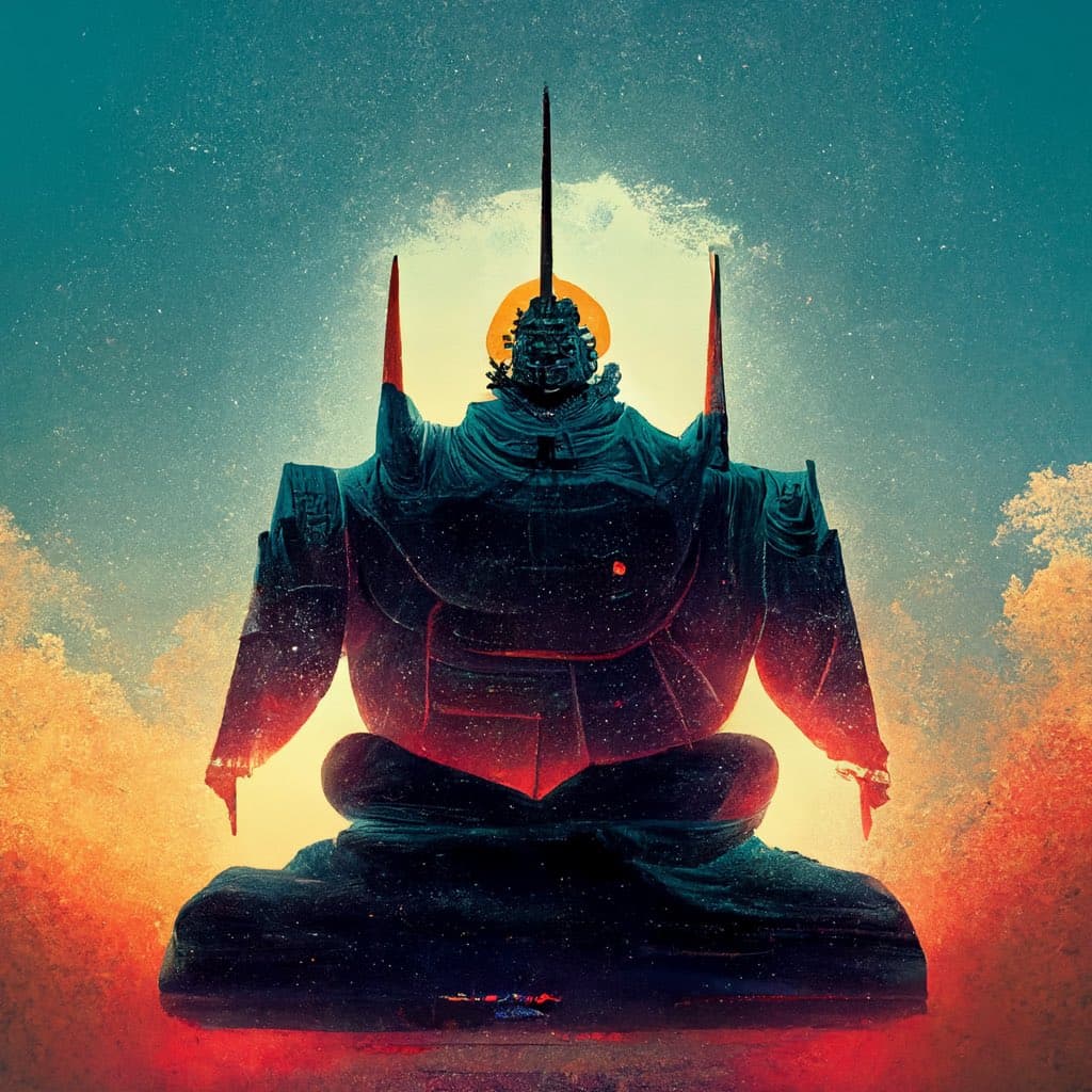 A digital illustration of a large, armored figure in a meditative lotus position, featuring a helmet with a tall central spike and a glowing orange halo behind its head. The figure is silhouetted against a bright, fiery background with a teal sky and clouds.