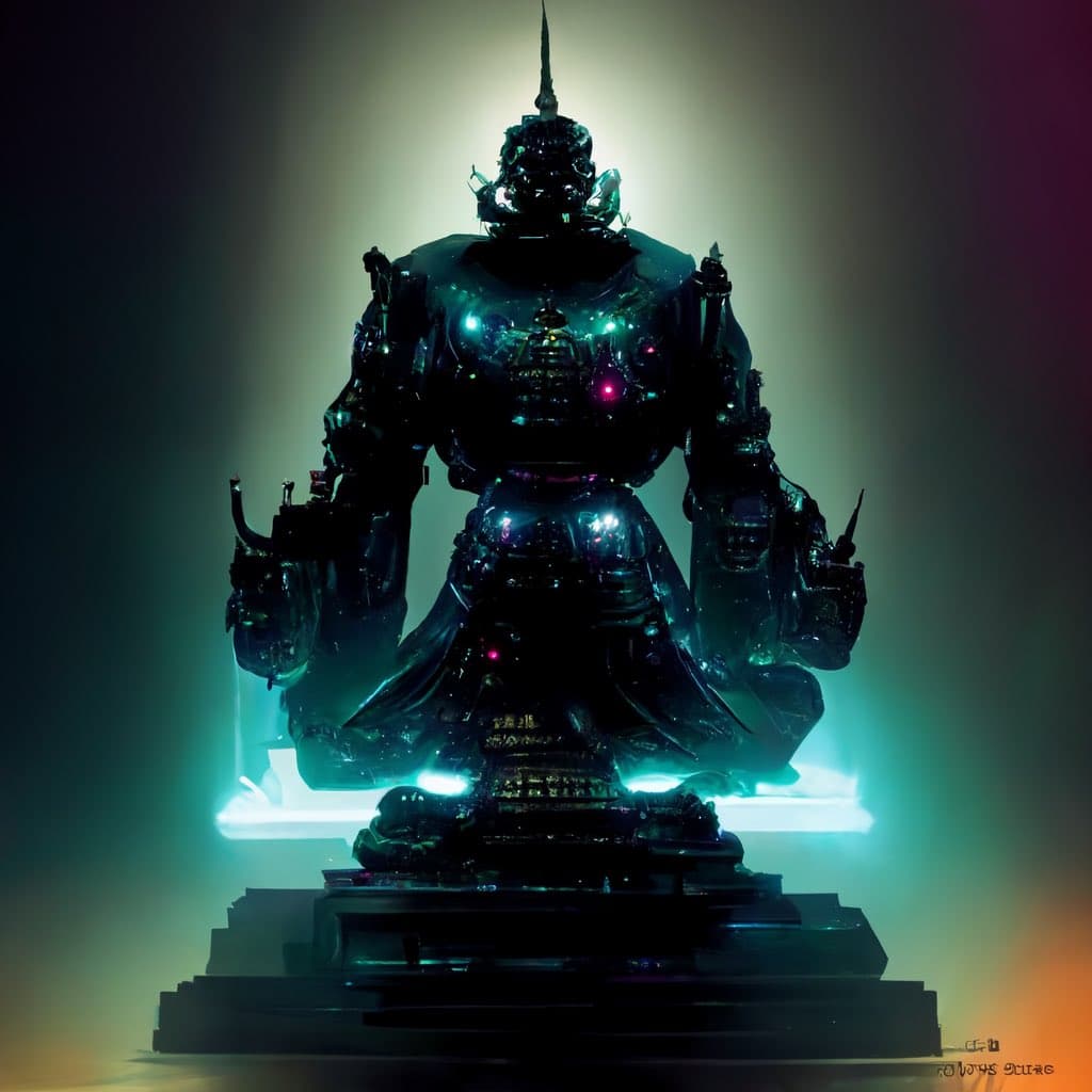 A digital artwork depicting a dark, armored warrior figure seated on a glowing, multi-tiered pedestal, illuminated by neon green and purple lighting against a hazy background.