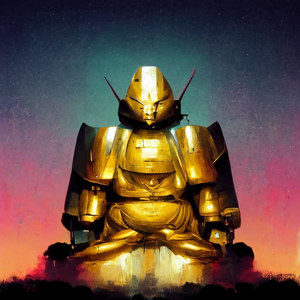 A digital painting of a large, golden robot statue sitting in a meditative pose against a colorful sunset sky. The robot has a helmet with two antennae and is depicted in a style reminiscent of a giant Buddha statue.