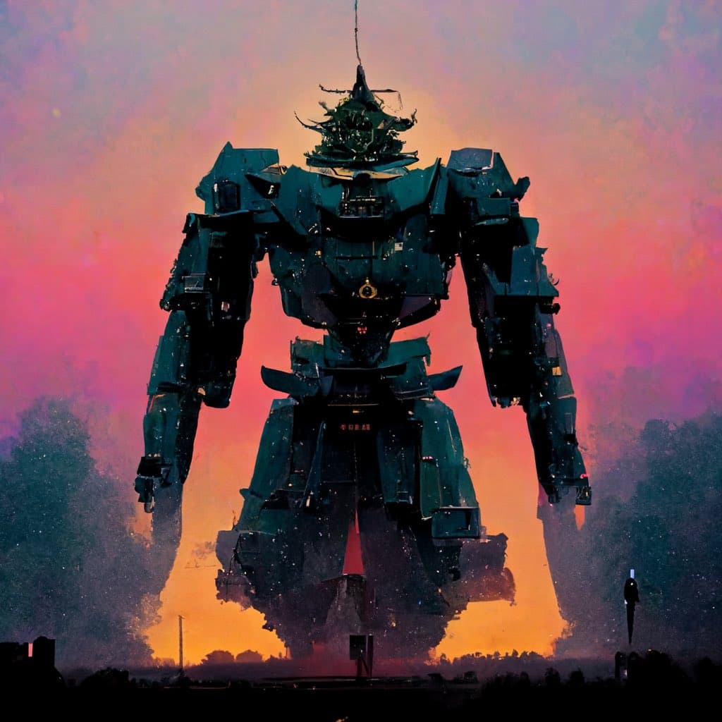 A digital artwork depicting a massive, dark green humanoid mecha standing against a vibrant sunset sky with pink and orange hues. The robot is shown from the front, towering over a silhouetted landscape with smoke or dust rising around its base.