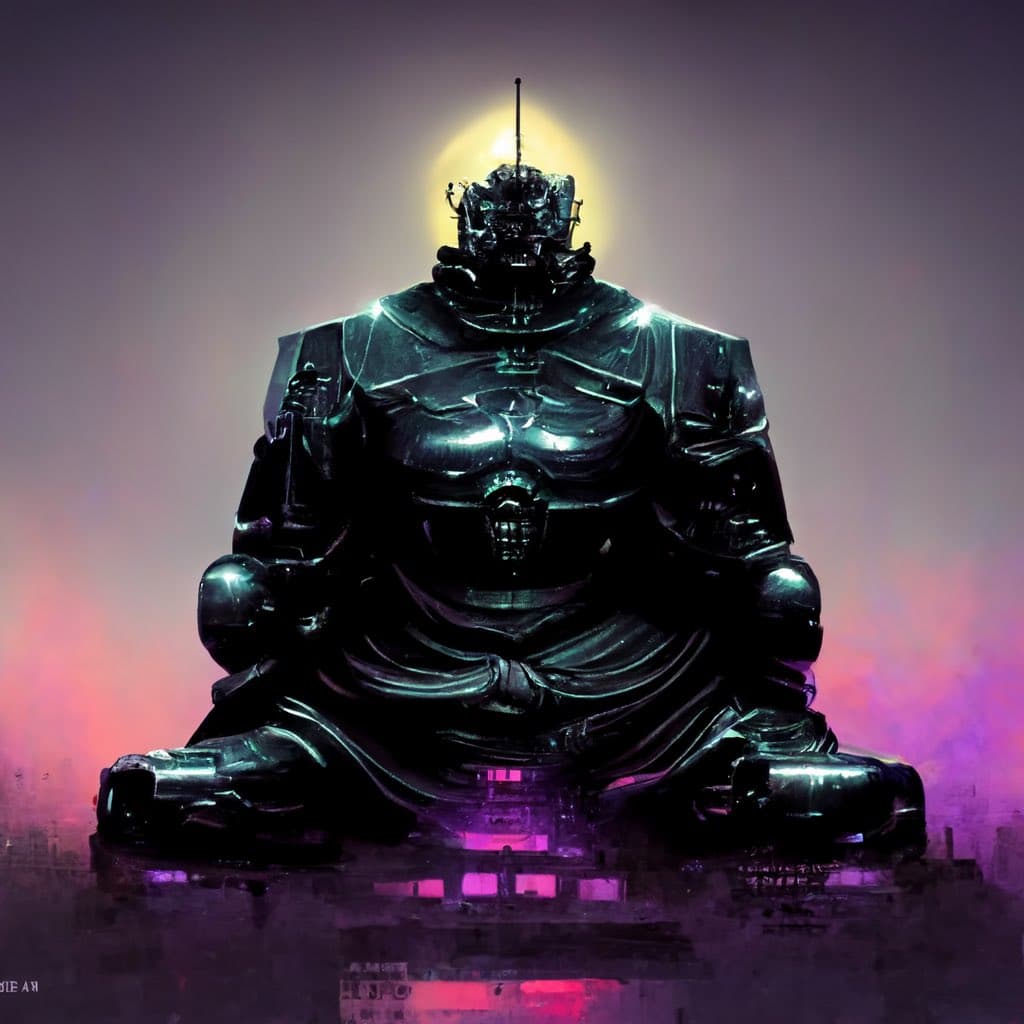 A digital artwork depicting a large, metallic, robotic figure seated in a meditative lotus position, resembling a futuristic Buddha. The figure has a glowing halo behind its head and is set against a hazy background with purple and pink lighting.