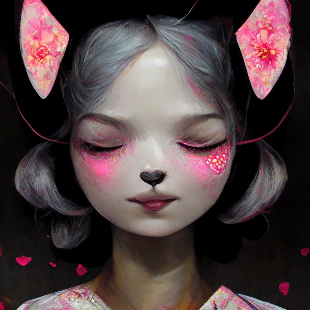 A digital painting of a stylized figure with pale skin, gray hair, and a small black nose, featuring pink floral makeup and large, flower-patterned cat ears. The figure has closed eyes with pink eyeshadow and is set against a dark background with scattered pink petals.