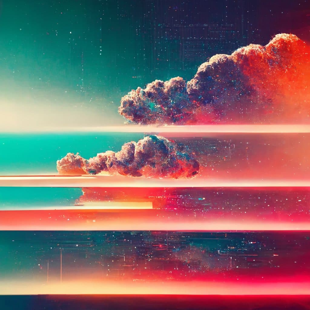 A stylized, abstract digital image featuring a large, textured cloud formation in warm orange and red tones against a teal and pink gradient background. The image is divided into horizontal bands with a glitch or scanline effect, creating a retro-futuristic aesthetic.