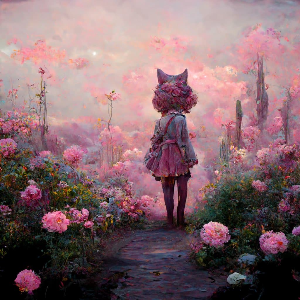 A digital painting depicts a figure with a flower-covered head and cat ears walking away on a dirt path through a misty field of pink flowers.