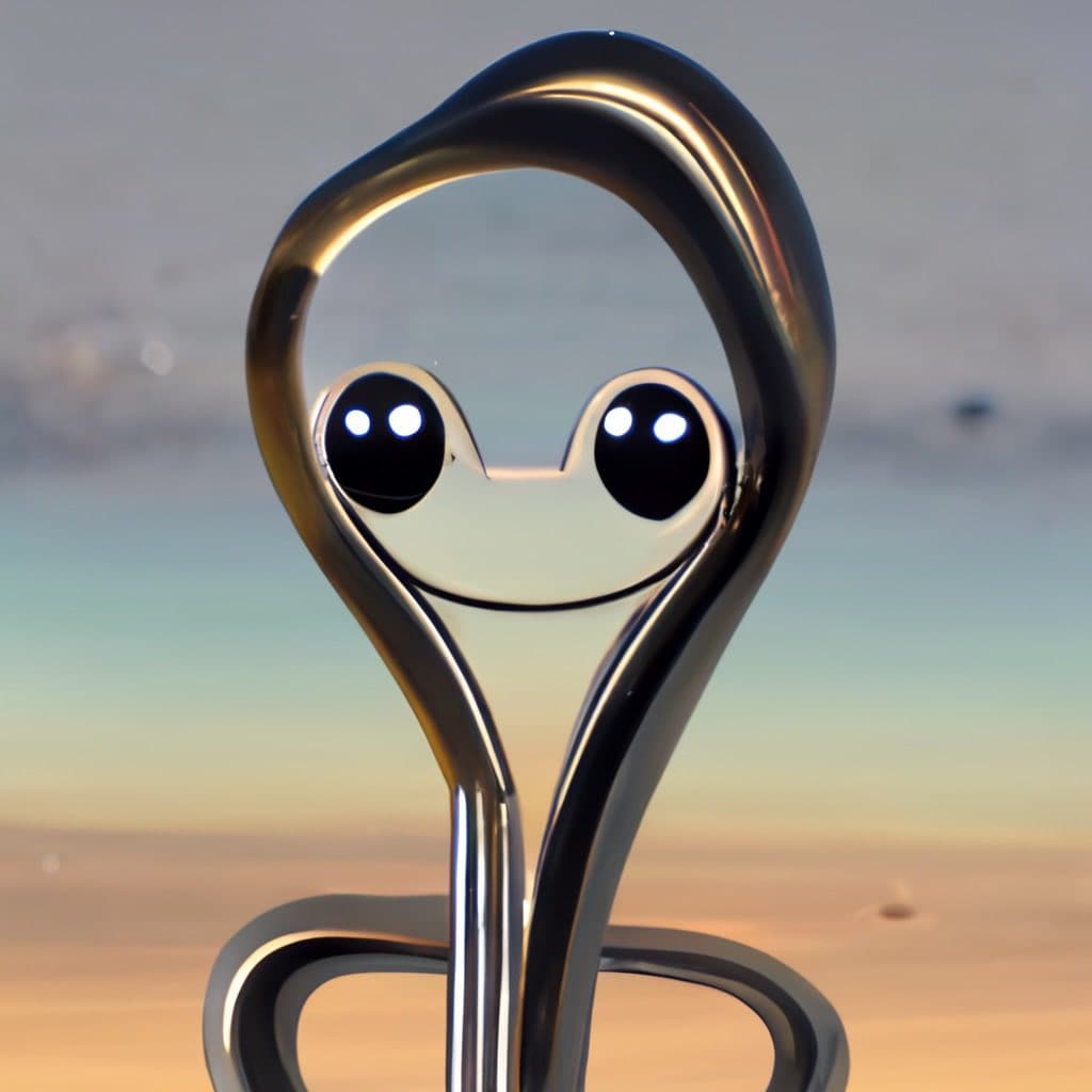 A close-up photograph of a shiny, metallic paperclip bent into a whimsical, anthropomorphic shape with two large, round eyes and a curved smile. The object is set against a soft, blurred background with warm, sunset-like colors.