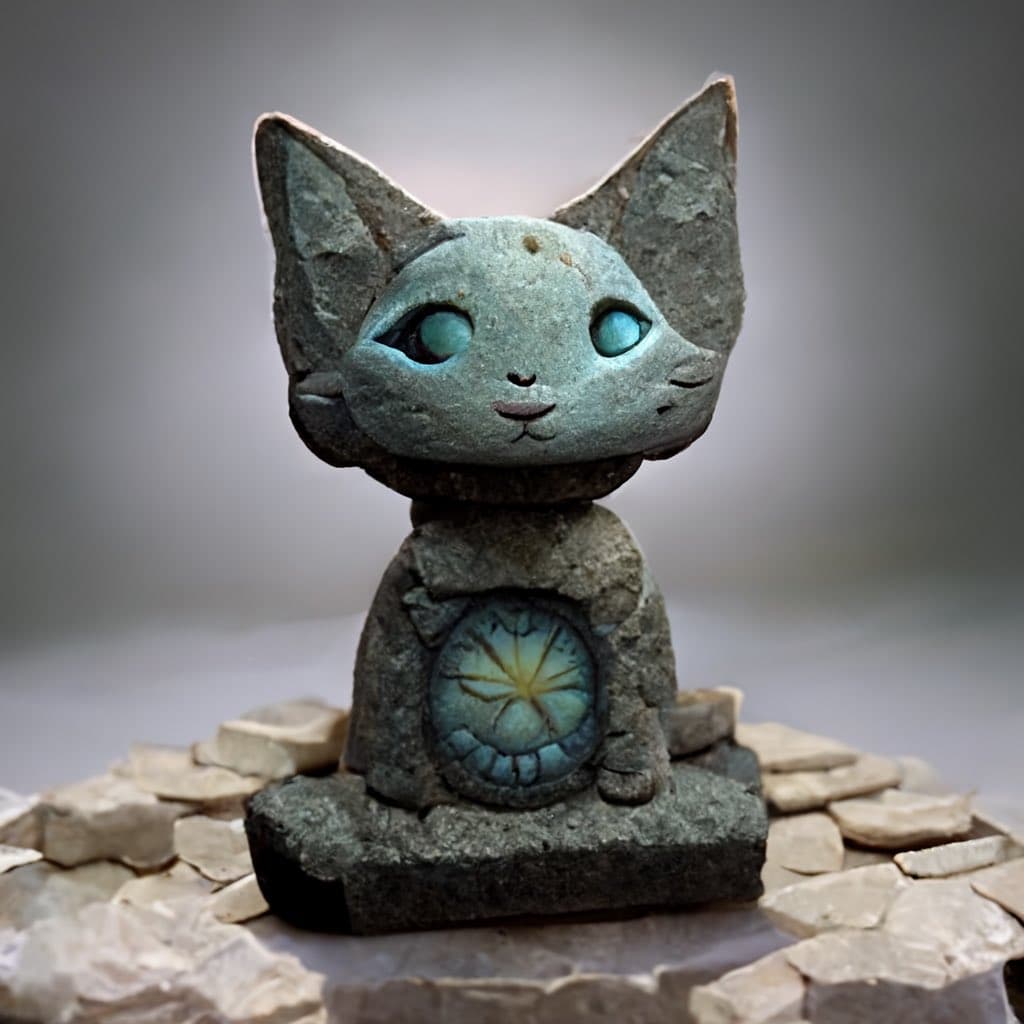 A small, handcrafted stone sculpture of a cat with large, light-blue eyes and a circular, flower-like design on its chest. The figurine is seated on a base surrounded by small, flat stones against a blurred gray background.