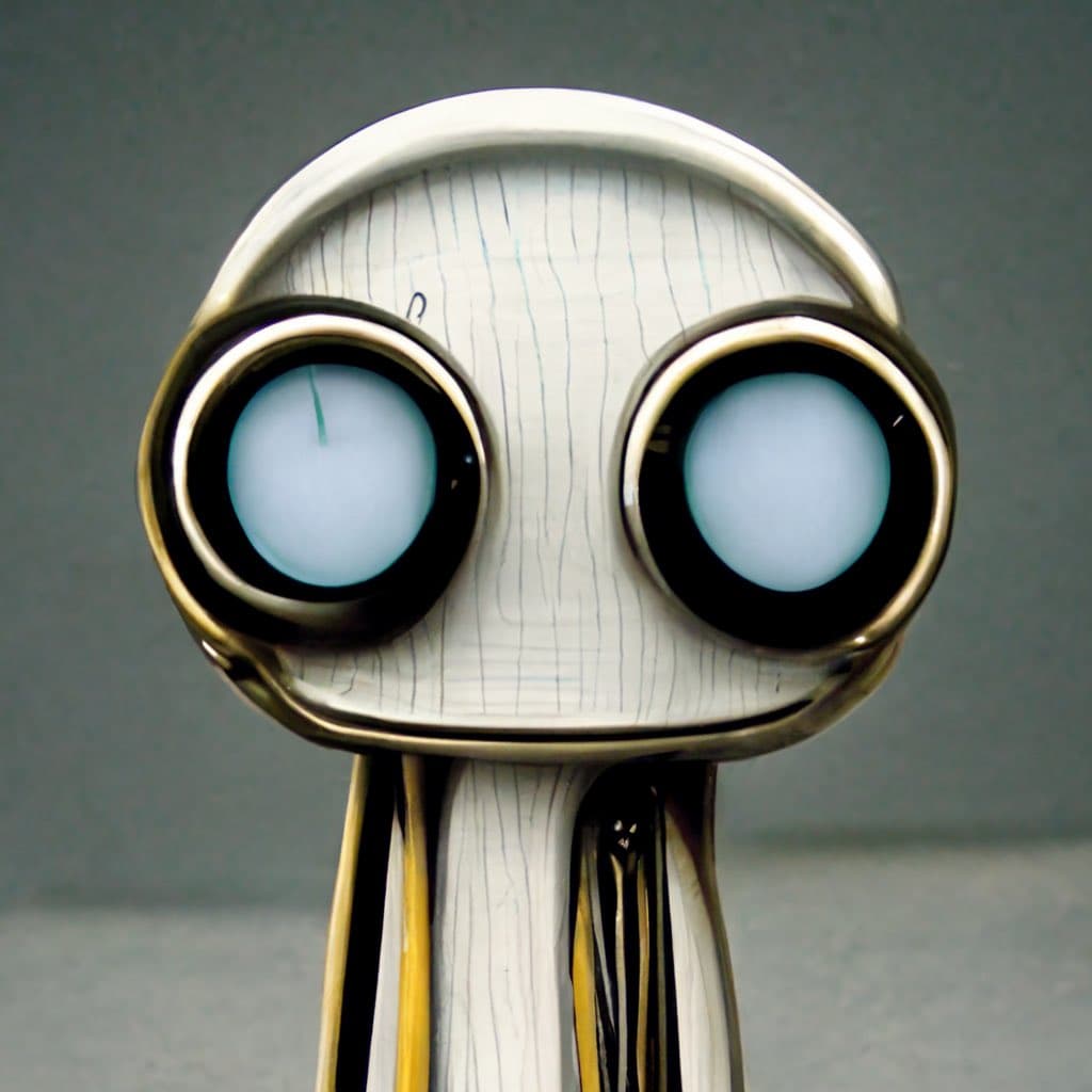 A close-up photograph of a white, ceramic figurine with a rounded head, large circular eyes, and a thin neck, resembling the character Clippy.