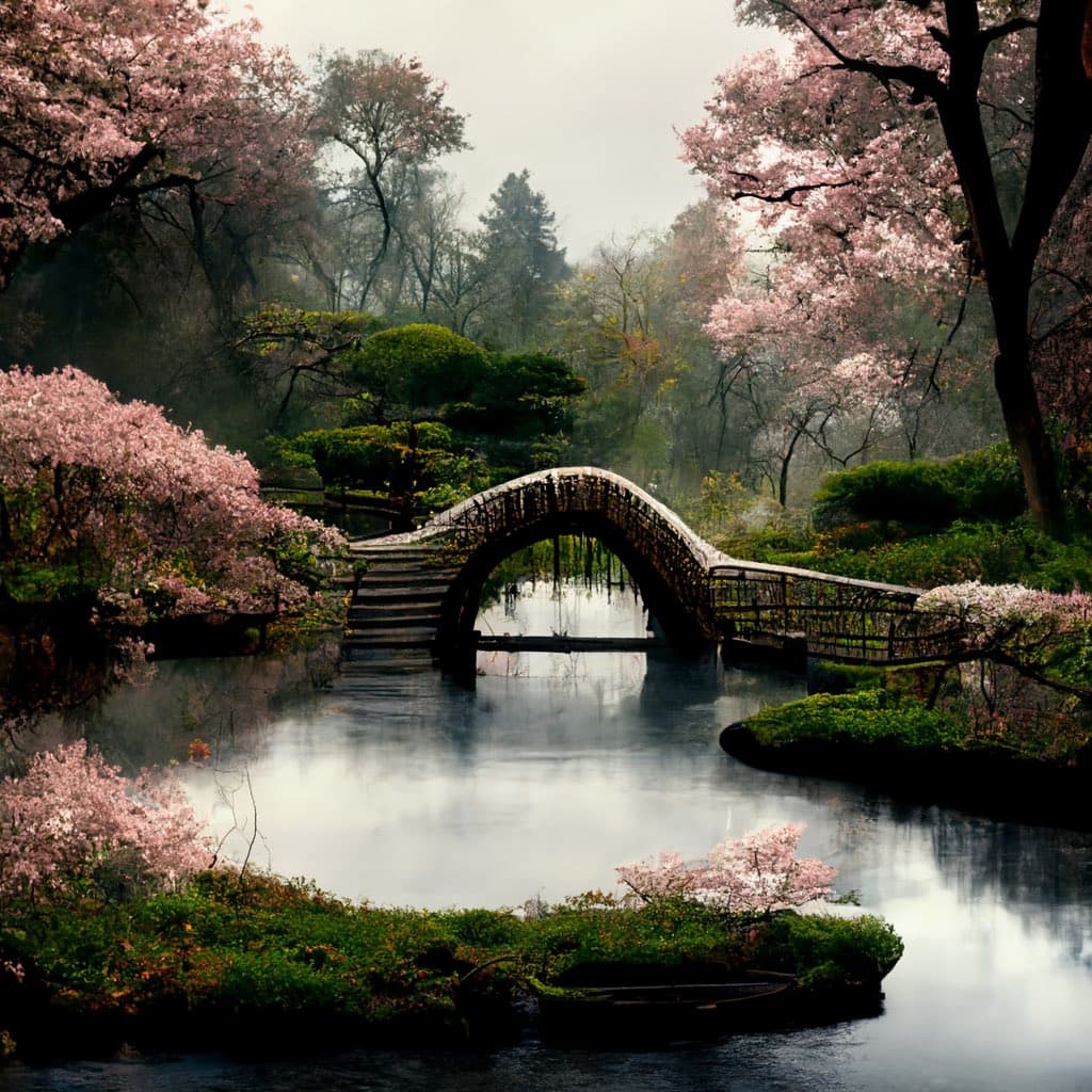 A serene landscape photograph featuring a traditional arched stone bridge over a calm, misty river, surrounded by blooming pink cherry blossom trees and lush greenery.
