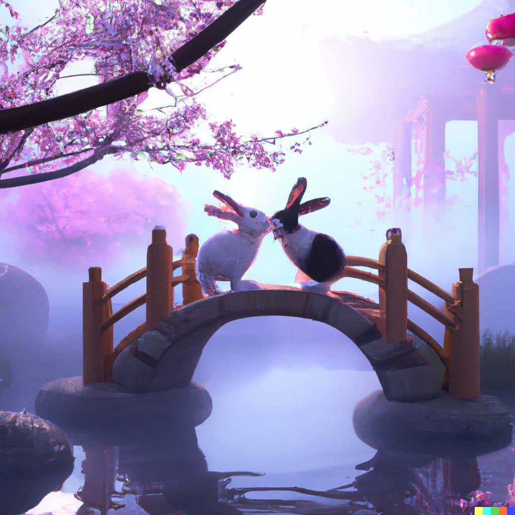 A digital illustration of two rabbits, one white and one black-and-white, standing nose-to-nose on a small arched bridge in a misty, pink-hued landscape with cherry blossoms. The scene has a dreamy, ethereal quality with soft lighting and reflections in the water below.
