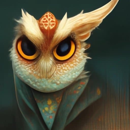 A digital illustration of a small, owl-like creature with large orange eyes, white and orange feathers, and a patterned crest on its head. The creature is wearing a teal scarf with a floral pattern.