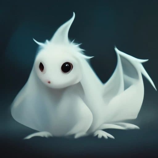 A digital illustration of a small, white, bat-like creature with large dark eyes, pointed ears, and translucent wings, sitting against a dark background.