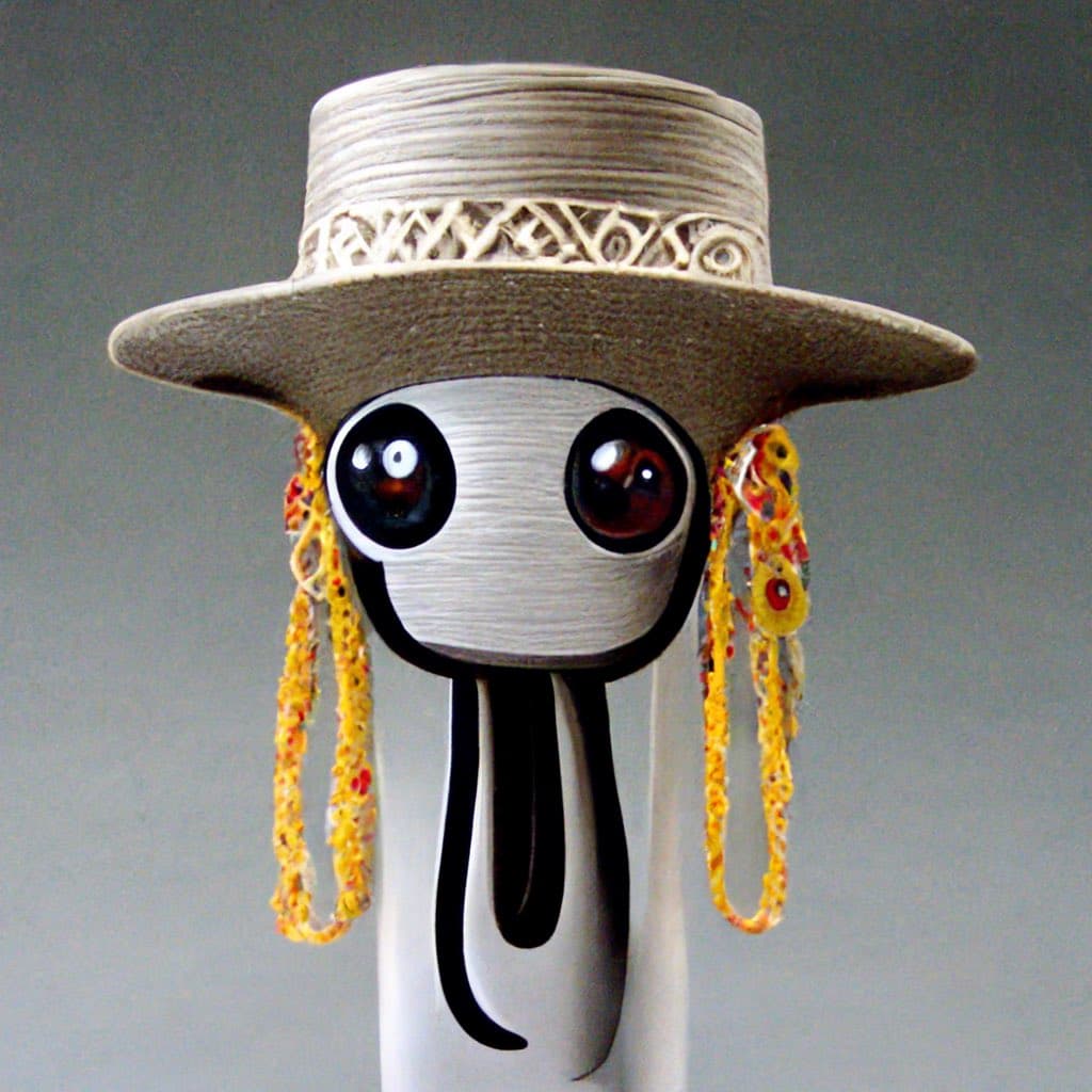 A whimsical, handcrafted sculpture of a character with large, expressive eyes and a long, black, tentacle-like nose, wearing a woven straw hat with a decorative band and colorful yarn tassels.