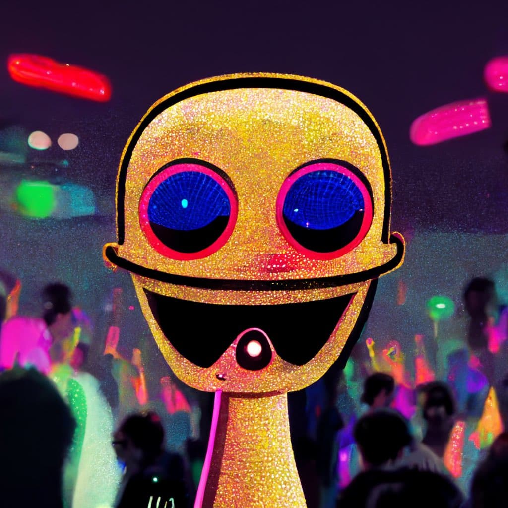 A glittering, gold-colored Clippy mascot head with large blue eyes and a wide smile is shown in a crowded, colorful nighttime setting. The background is filled with blurred figures and bright neon lights, suggesting a festival or concert environment.