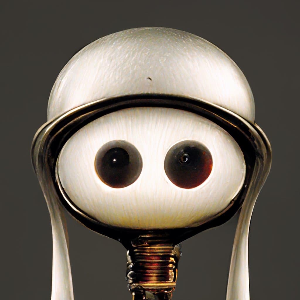 A close-up photograph of a whimsical, sculptural object resembling a light bulb with a face. The object has a white, textured spherical top, a metal rim, and two large, dark, glossy eyes set into a white, bulbous lower section, with a visible screw base at the bottom.