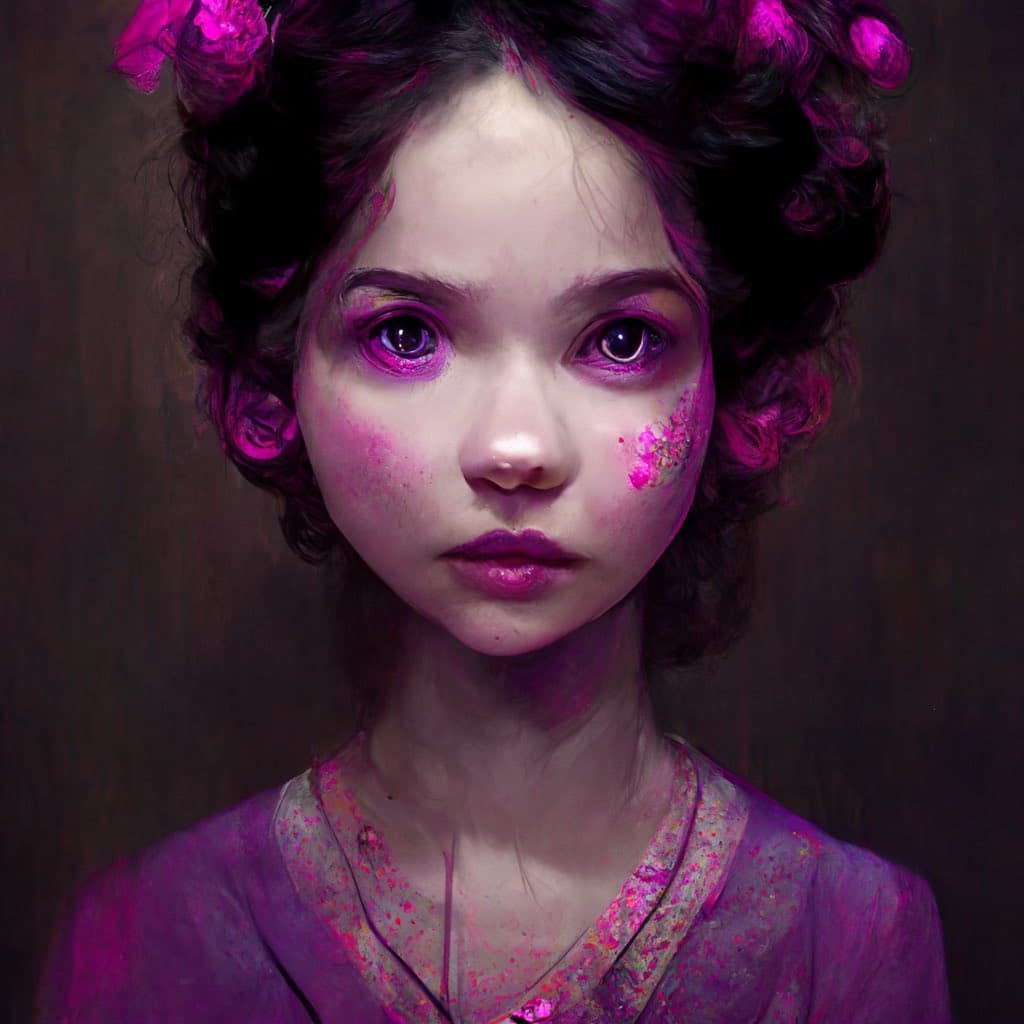 A digital painting of a young girl with dark, curly hair adorned with pink flowers, featuring vibrant pink and purple makeup on her face and clothing. The artwork has a surreal, artistic style with a dark background.