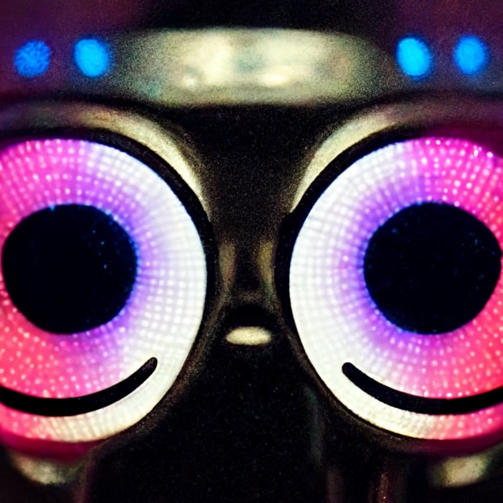 A close-up photograph of a robot's face, featuring two large, round LED eyes glowing with pink and purple light. The robot has a dark, textured face with a small, illuminated mouth and blue indicator lights on its forehead.