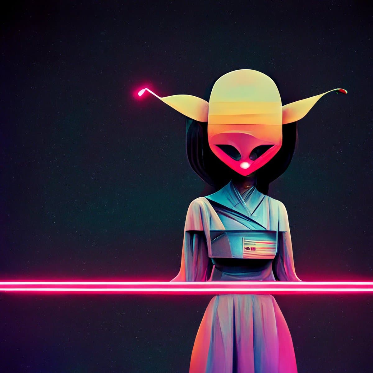 A digital illustration of a stylized, alien-like figure with a smooth, featureless face and pointed ears, wearing a futuristic robe against a dark, starry background. A bright pink neon line runs horizontally across the lower portion of the image.