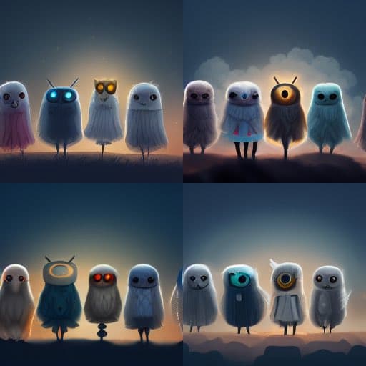 A four-panel grid of digital illustrations showing groups of small, ghost-like creatures with glowing eyes standing in a row against a dark, twilight sky. The creatures have varied colors and features, such as antennae and different eye shapes, and appear to be posing for a group photo. The scene has a whimsical, slightly eerie atmosphere with soft lighting highlighting the characters.