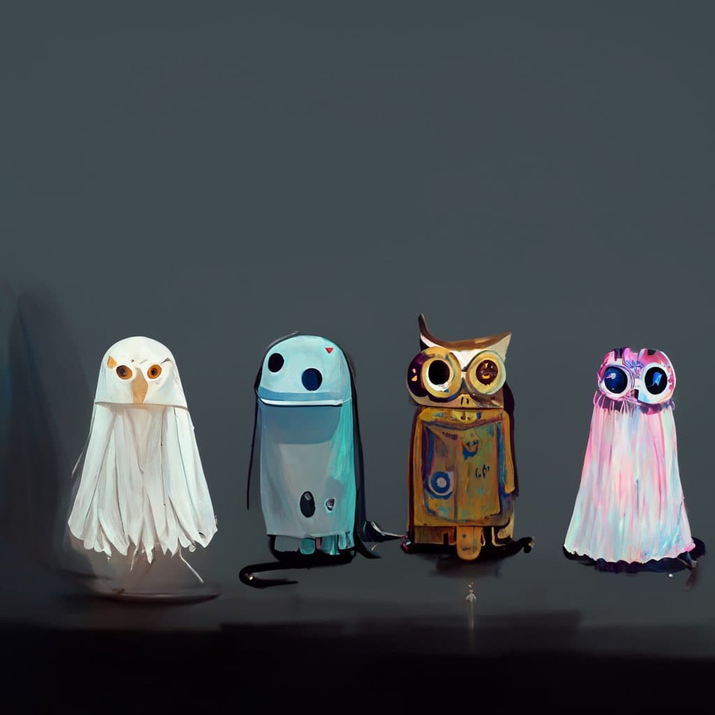 A digital painting of four stylized, owl-like figures standing in a row against a dark gray background. The figures have varied colors and textures, including white, blue, brown, and pink, with large, expressive eyes.