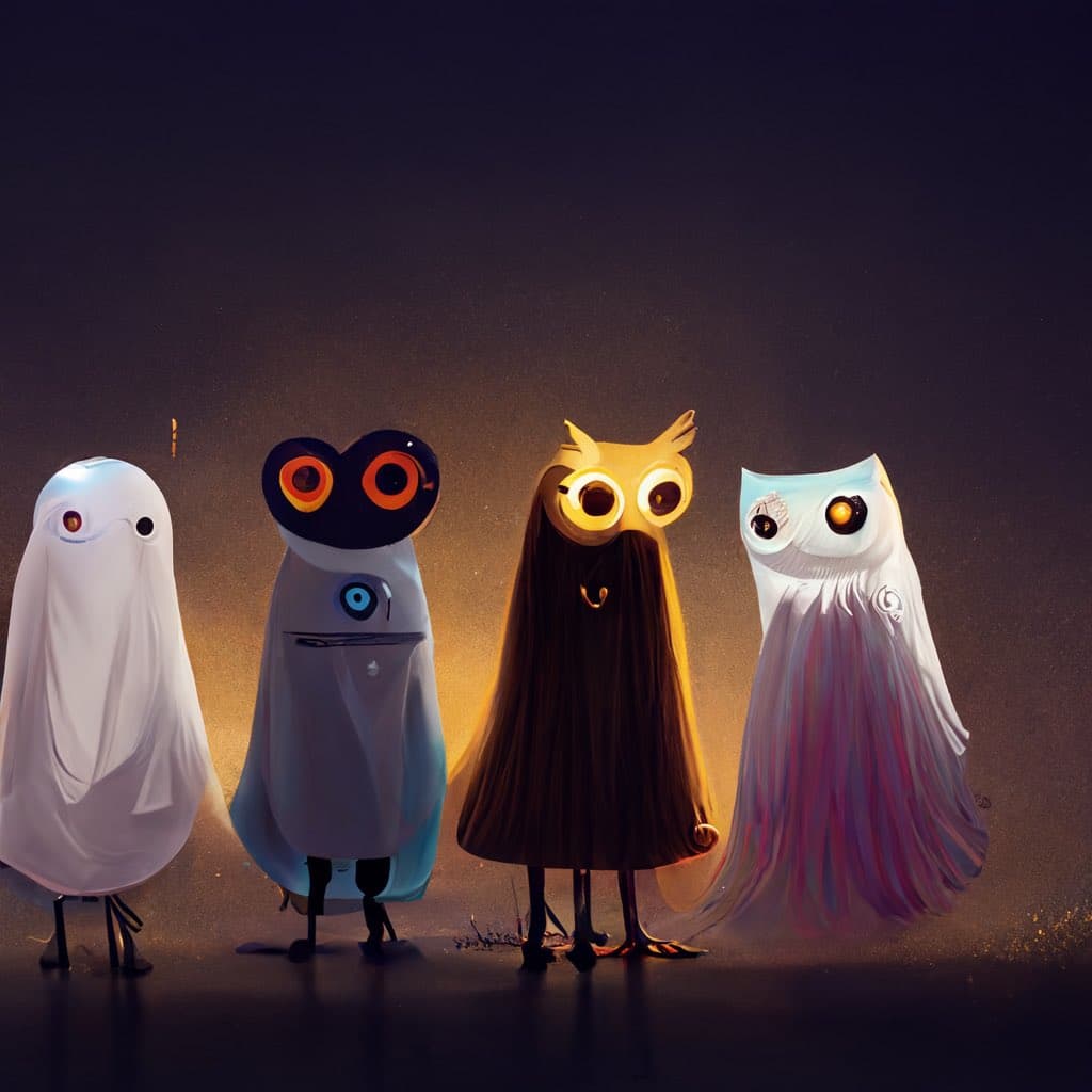 A digital illustration of four whimsical, owl-like characters standing in a row against a dark, warm-lit background. The characters have distinct colors and designs, with large, expressive eyes and feathered or cloth-like bodies.