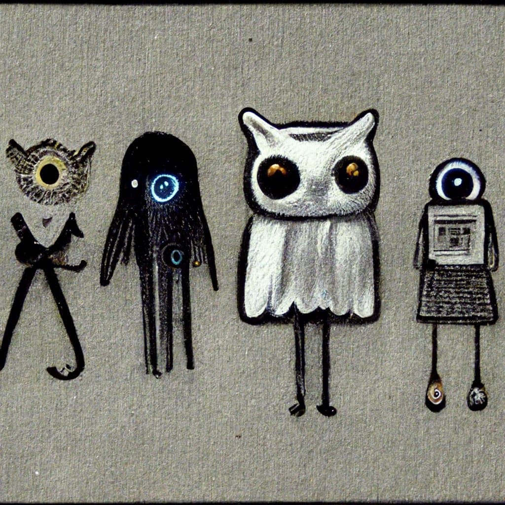 A hand-drawn sketch on textured paper featuring four whimsical, creature-like figures standing in a row. The figures include a bird-like character, a dark squid-like figure, a white owl, and a robot with a single eye.