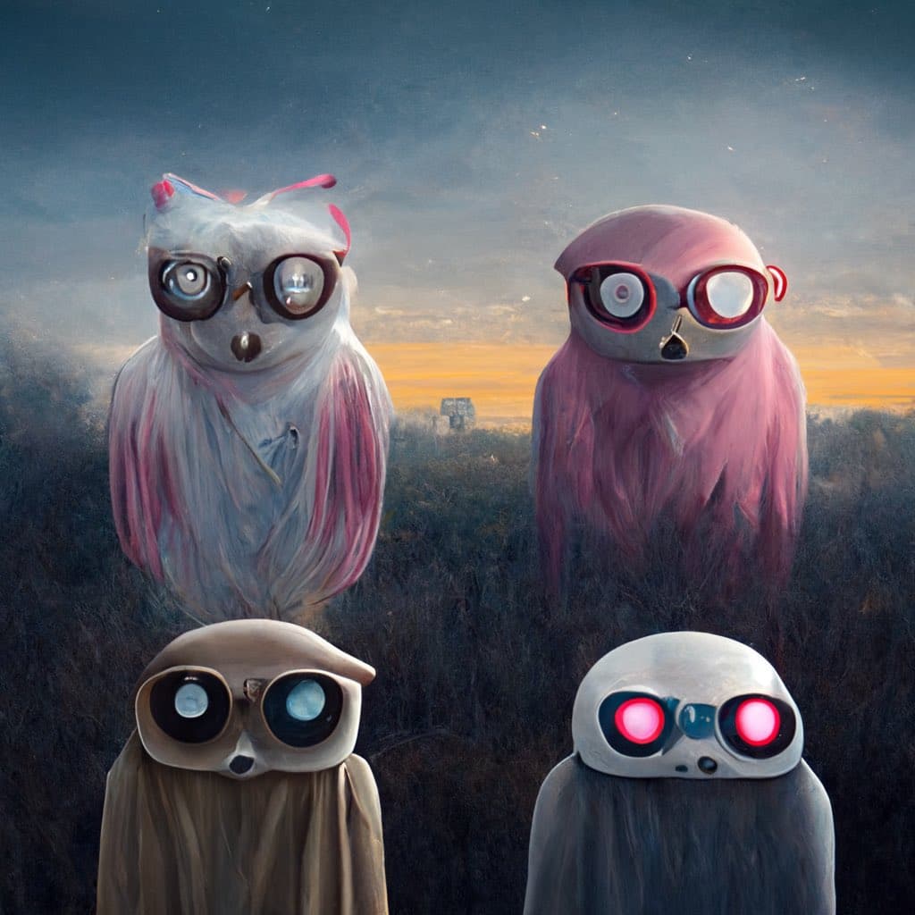 A digital painting of four stylized, owl-like figures with large, glowing eyes and colorful, flowing hair, set against a twilight landscape. The figures are arranged in a two-by-two grid, each with a distinct color palette and eye design.