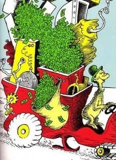 A cartoon illustration depicting a red, tractor-like vehicle driven by a yellow, anthropomorphic figure, carrying a large load of green dollar bills and a yellow character.