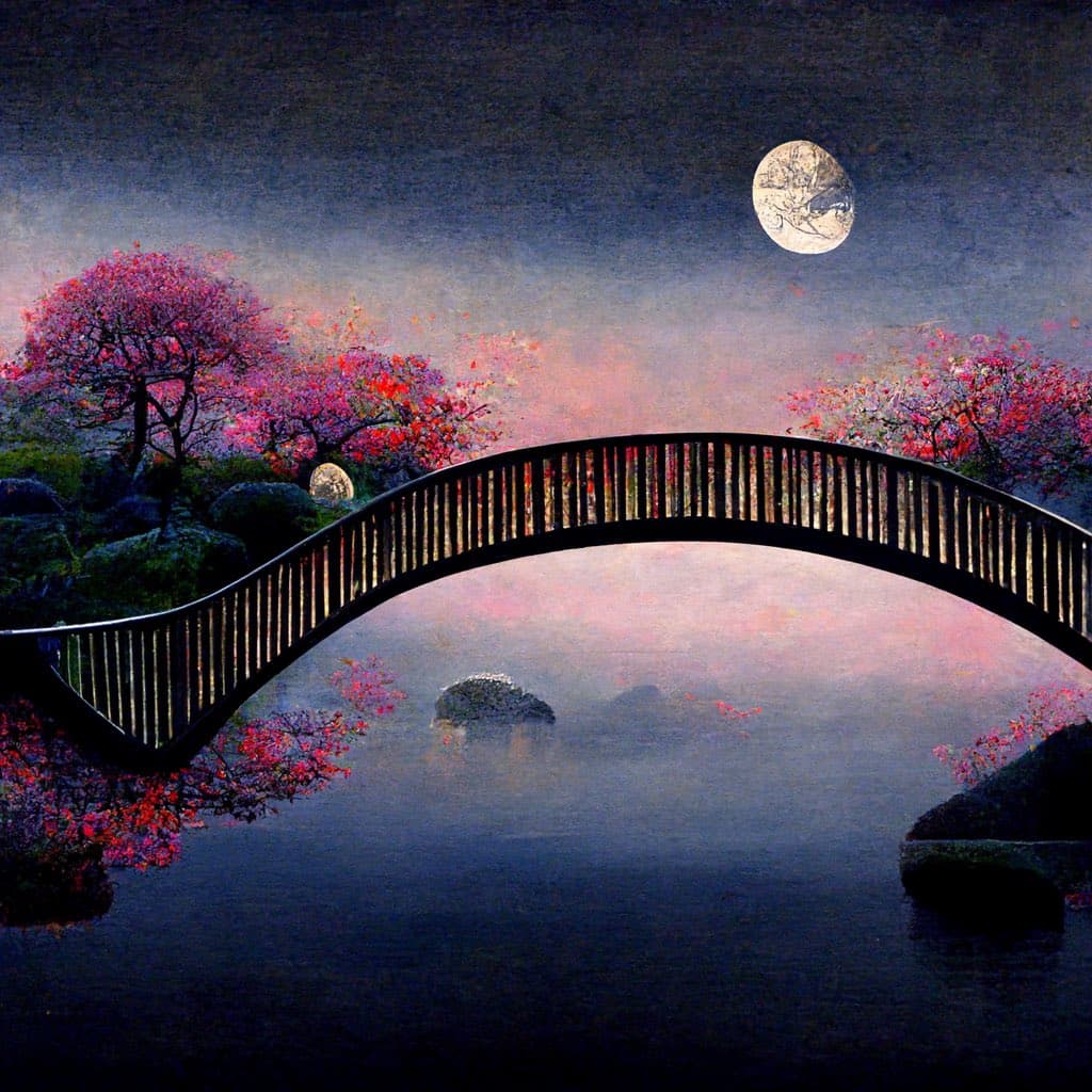 A dreamy, painterly landscape featuring a black arched bridge over a misty body of water, surrounded by vibrant pink and red flowering trees under a large, full moon. The scene has a soft, ethereal quality with a dark, starry sky and a pinkish horizon.