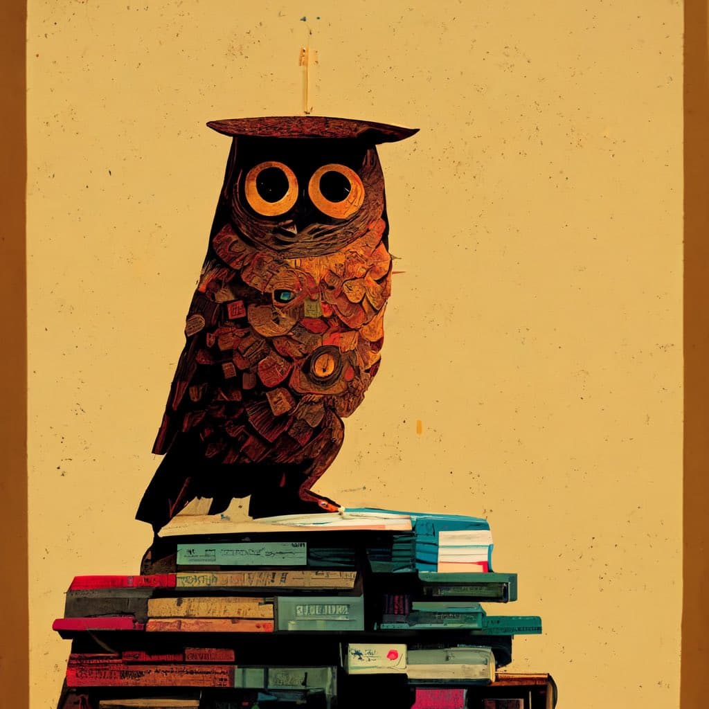 A digital illustration of a stylized owl with large, round eyes perched atop a stack of colorful books against a plain beige background. The owl is depicted with textured, feather-like patterns in shades of brown and orange.