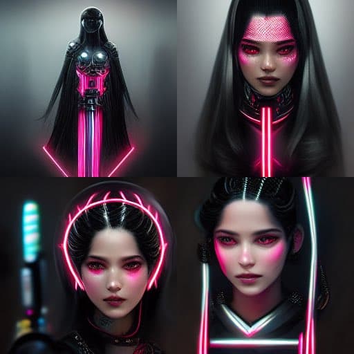 A four-panel grid of AI-generated digital art featuring a female character in a cyberpunk style, with variations showing her in different poses and outfits illuminated by neon pink and white lights. The images depict a futuristic aesthetic with glowing elements and dark backgrounds.