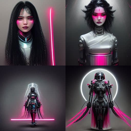 A four-panel grid of AI-generated images featuring a female character in futuristic, cyberpunk-style outfits with neon pink accents. The variations show her in different poses and settings, including a close-up portrait, a full-body shot in a metallic suit, and a figure in a helmeted armor with a glowing halo.