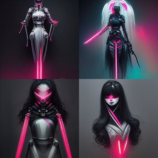 A four-panel grid of AI-generated images featuring a female character in futuristic, cyberpunk-style armor with glowing pink accents and lightsabers. The character is depicted in various poses and styles, ranging from a full-body metallic suit to a more stylized, doll-like appearance.