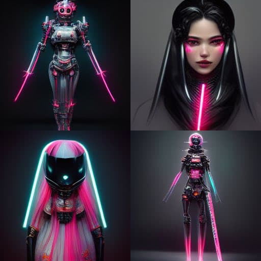 A four-panel grid displaying cyberpunk-style digital art variations of a female character, featuring neon pink and blue lighting, robotic elements, and futuristic weapons.