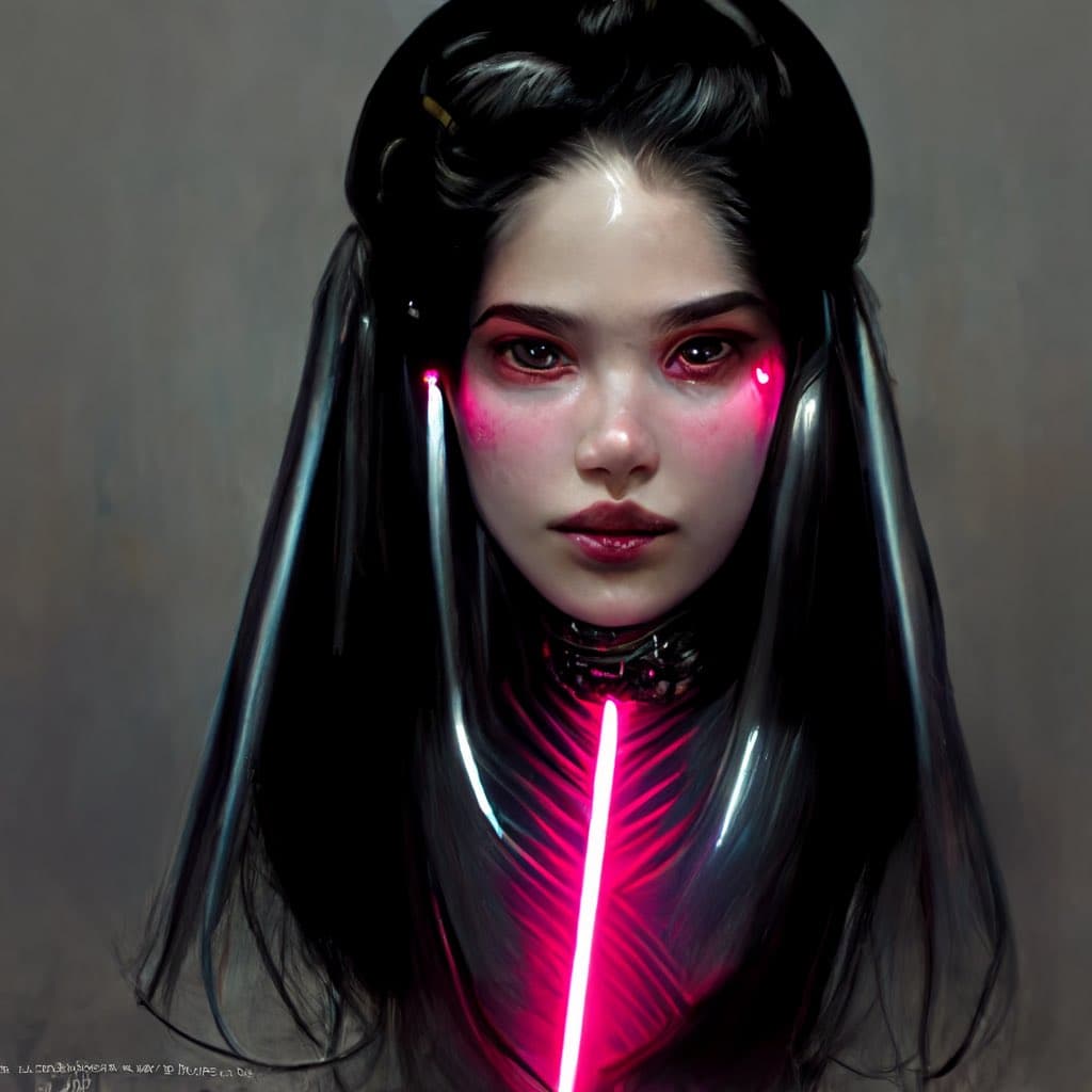 A digital art portrait of a woman with long dark hair, featuring glowing pink neon lights on her face and neck. The image has a futuristic, cyberpunk aesthetic with a neutral background.