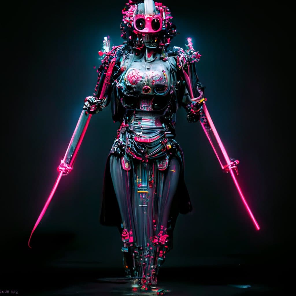 A digital artwork depicting a humanoid robot with a metallic, cybernetic body and glowing pink accents, holding two pink lightsabers. The figure has a skull-like face with large, round eyes and is adorned with mechanical details and pink floral elements.