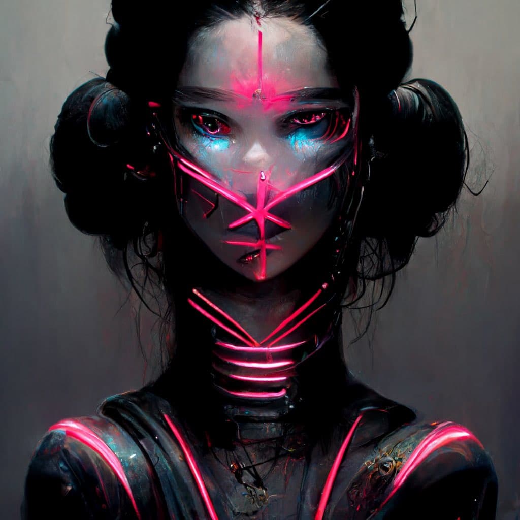 A digital artwork depicting a stylized, cyberpunk-inspired figure with dark hair in buns, glowing red eyes, and neon pink lines forming a star pattern on the face and neck. The figure wears dark clothing with matching neon accents against a muted gray background.