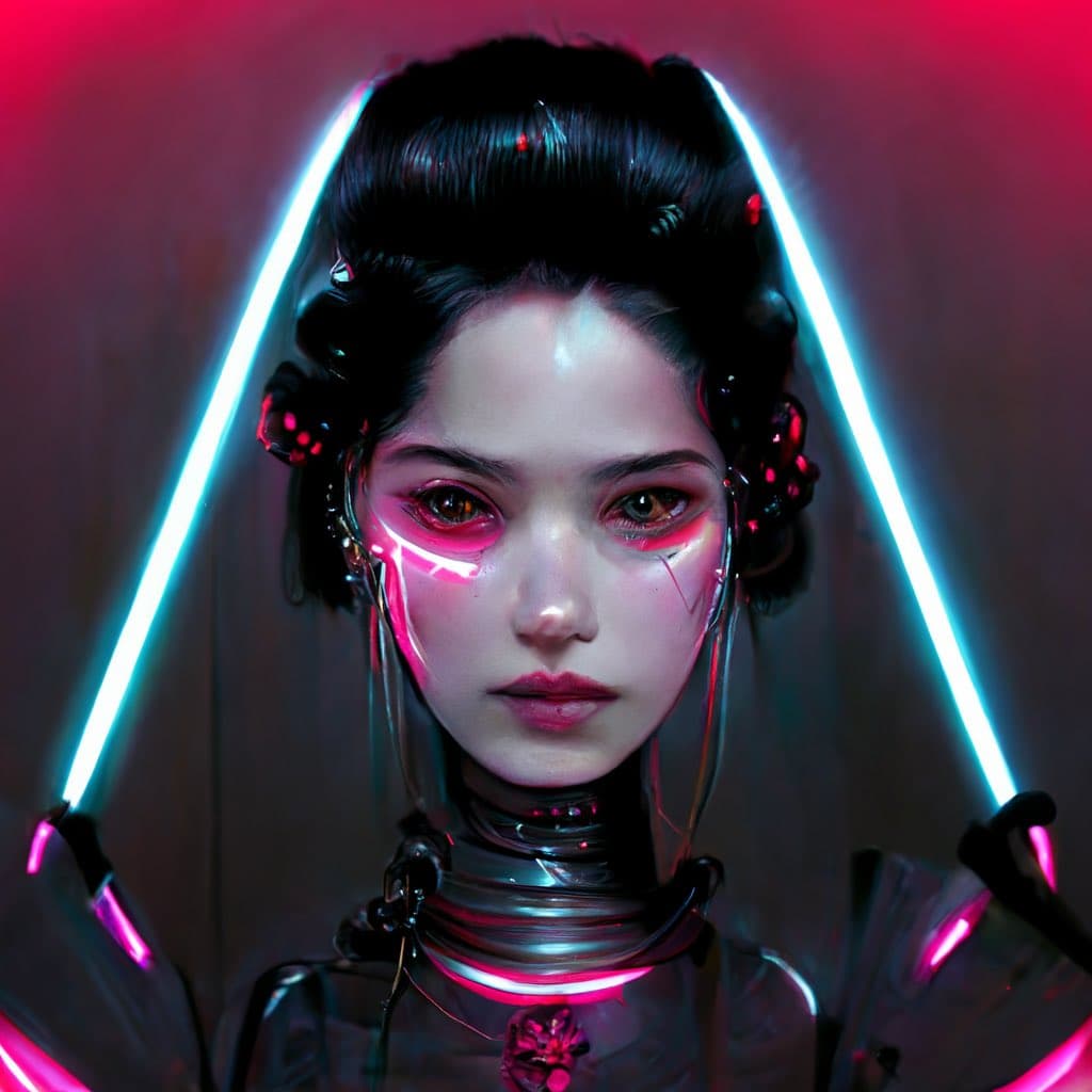 A digital art portrait of a woman with dark hair and futuristic, cyberpunk-style accessories, illuminated by neon pink and blue lights. She has glowing red accents around her eyes and wears a metallic collar with a glowing pink gem. The background features a bright, triangular neon light frame.