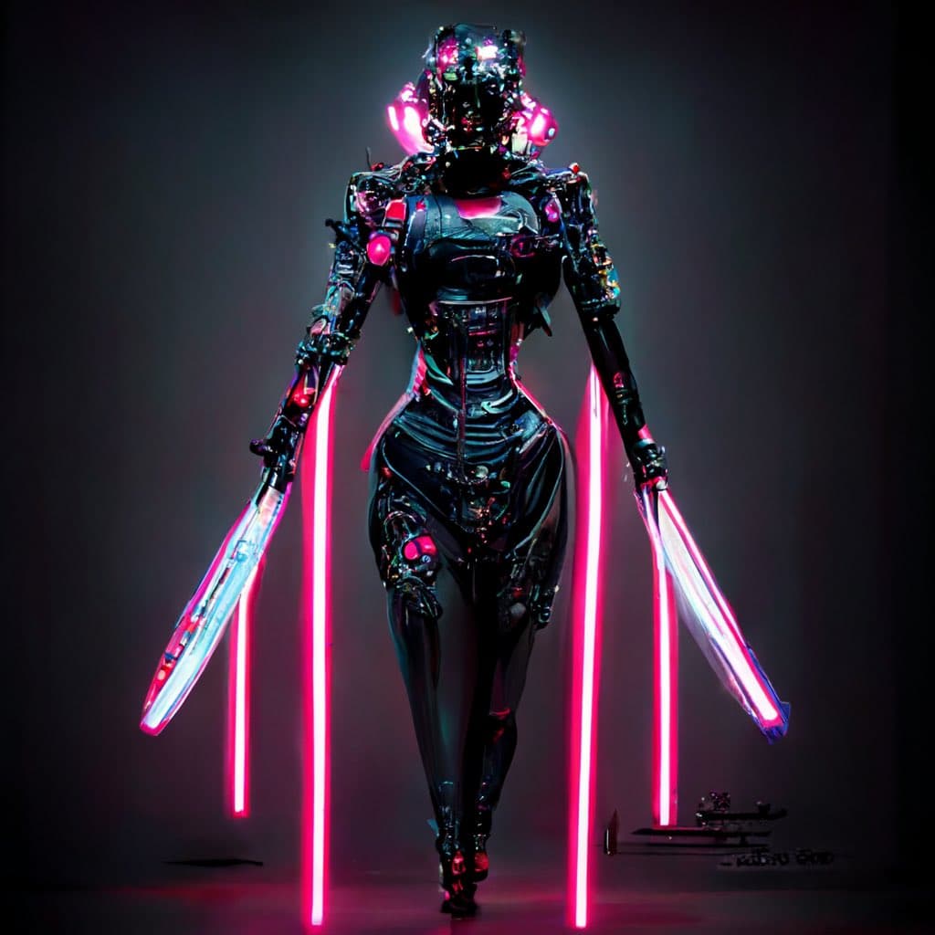 A digital artwork of a humanoid robot with a glossy black, chrome-like body and glowing pink accents, holding two long, glowing pink energy blades. The figure is walking forward against a dark background with vertical pink light beams.