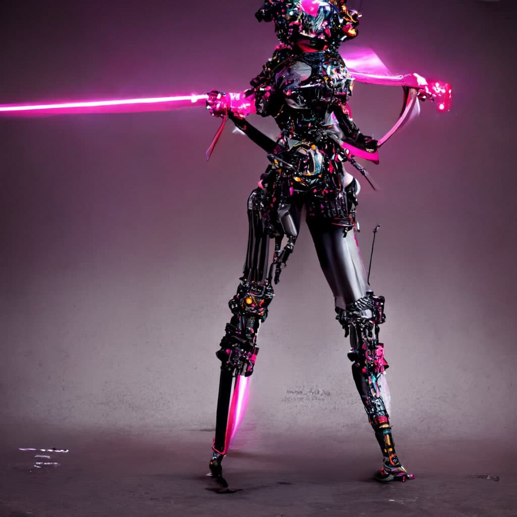 A digital artwork of a humanoid robot with a complex, metallic body and glowing pink accents, holding a glowing pink sword. The figure stands in a dynamic pose against a plain, dark background.