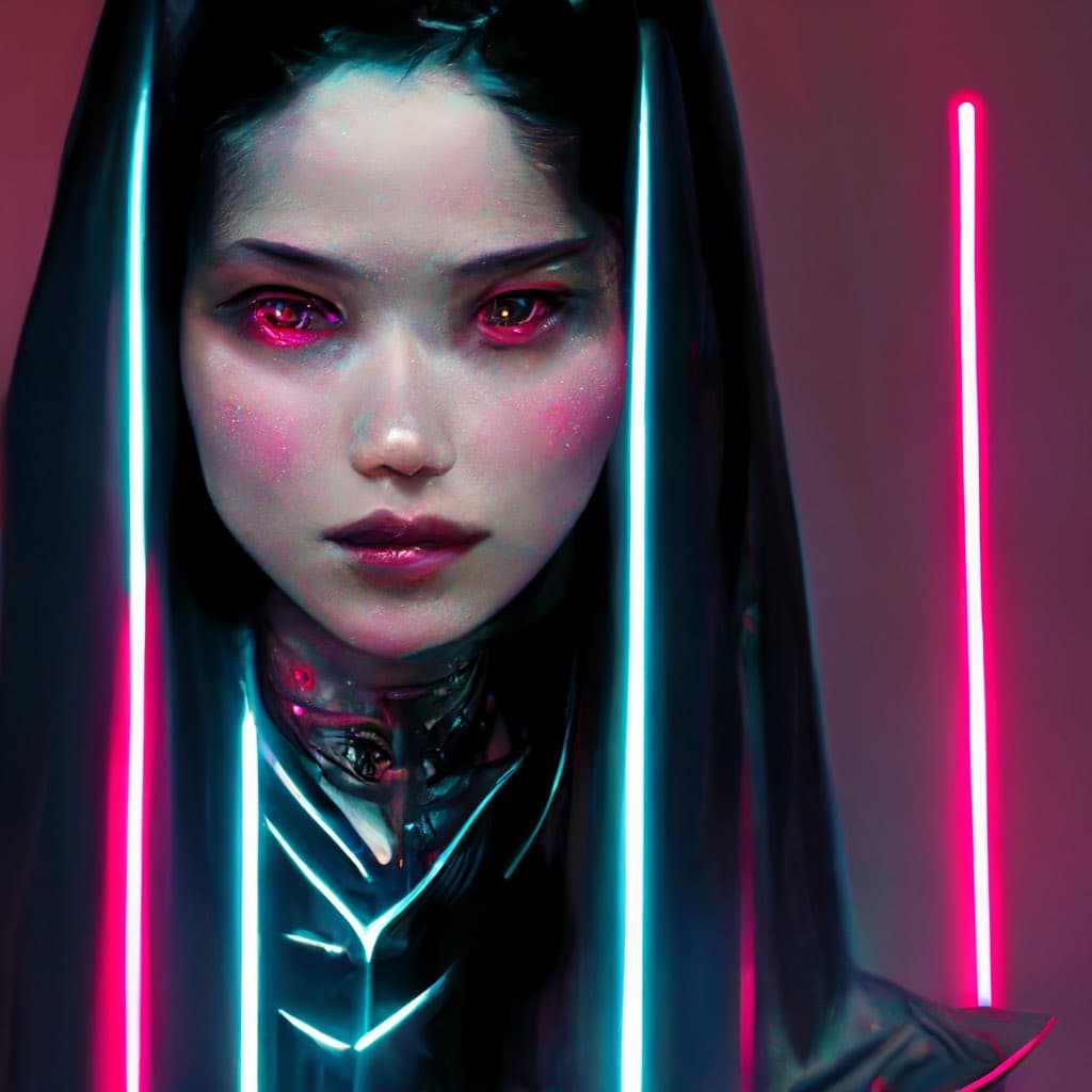 A digital art portrait of a woman with glowing red eyes and dark hair, framed by vertical neon light strips in cyan and pink. She wears a futuristic, metallic collar and outfit, set against a dark, moody background.